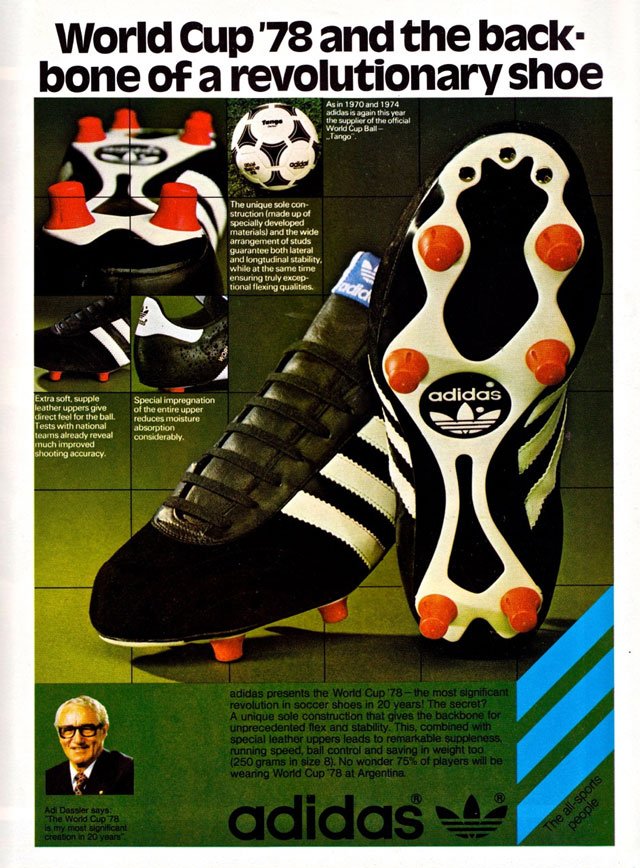 heroína Calendario Bocadillo Botas, Botines, Zapatos de Fútbol Adidas de 1970 - Museo de Fútbol